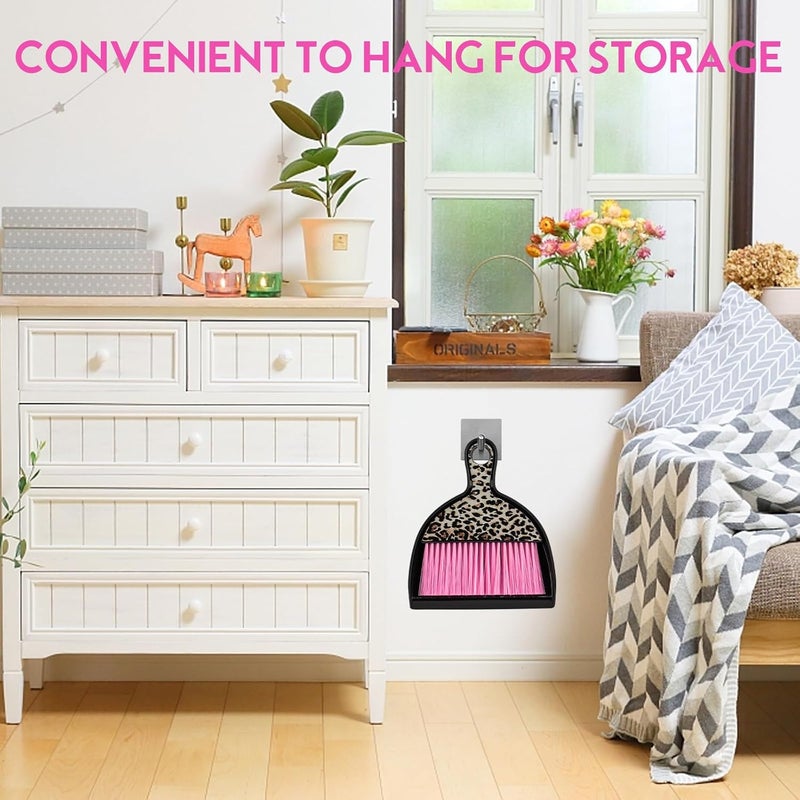 ThinkLearn 2PCS Mini Dustpan and Brush Set, Small Broom and Dustpan Set with Pink Leopard Print Design, Hand Broom Whisk Broom and Dust Pan for Cleaning Desk, Home, Cars, Pets, Kids - Image 3